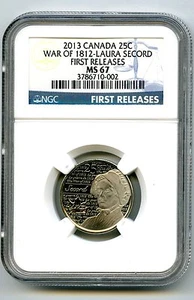 2013 CANADA WAR OF 1812 LAURA SECORD NGC MS67 FS NONCOLORIZED QUARTER TOP POP=5 - Picture 1 of 2