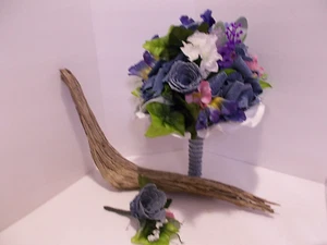Denim Bridal Bouquet Roses w Spring Flowers & Denim Rose Corsage Country Wedding - Picture 1 of 12