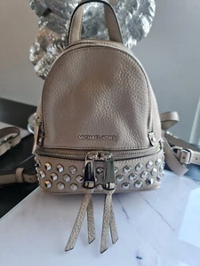 Michael Kors Rhea Mini Backpack Leather Womens Sliver Studded Rucksack - Picture 1 of 17