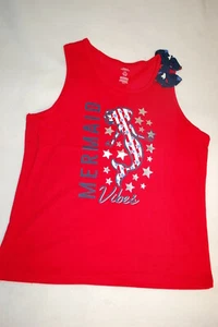 Girls RED TANK TOP Americana MERMAID VIBES Bow Accnt STARS Stripes XL 14-16 PLUS - Picture 1 of 1