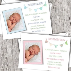 Christening Invitations Photo - Personalised - Baptism - Girl/Boy (Bunting) - Picture 1 of 3