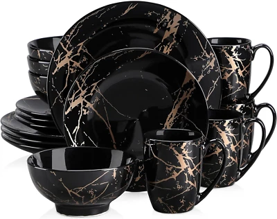 Black Plates and Bowls Sets for 4, Porcelain Dinnerware Sets 16 Piece Gold Splas - Image 1 of 4