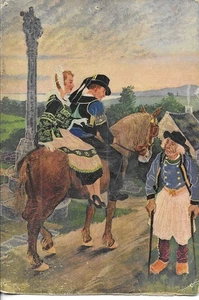 "Couple on horseback traveling through Brittany" Vintage French artist drawn pos - Foto 1 di 2