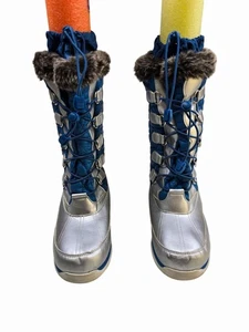 Lands End Womens Quilted Winter Snow Boots Blue & Silver Faux Fur Trim US 7 - Picture 1 of 5