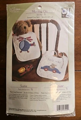 New Bucilla Stamped Cross Stitch Kit Baby Bibs Pair #43909 Moving On NEW - Image 1 of 4