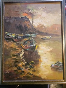 Pintura de barcos de peces de río chinos originales enmarcados de colección - Imagen 1 de 6