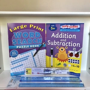 Addition and Subtraction Book + Word Search Book + Ruler & Stencil + 5 Blue Pens - Picture 1 of 18