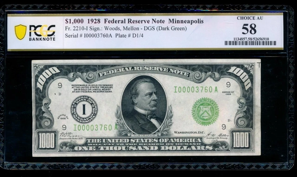 AC 1928 $1000 Minneapolis ONE THOUSAND DOLLAR BILL PCGS 58 comment - Image 1 of 2
