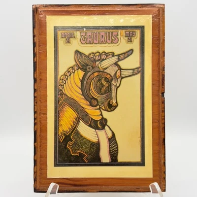 Impresión de arte de pared de madera vintage del zodiaco Tauro 1969 David Palladini hippie rústico Foto 1 de 4