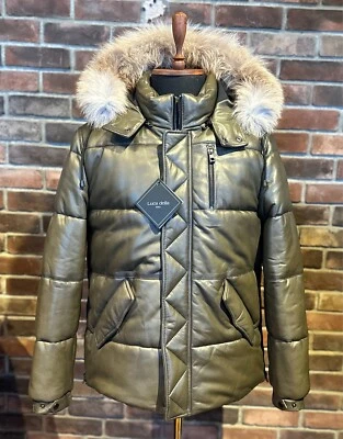 Nueva chaqueta de cuero para hombre piel de cordero burbuja con piel de zorro real, capucha oliva Foto 1 de 4