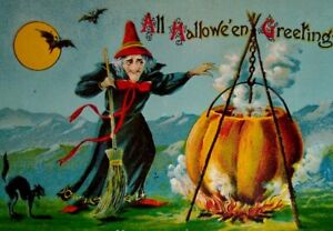 Halloween Postcard Witch Cauldron Vampire Bats Black Cat Fantasy Gottschalk 2276