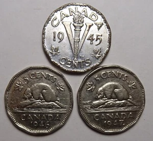 1945, 1946, 1947 Canada 5 cents Coins, 3 coin lot, Canadian nickel - Bild 1 von 2