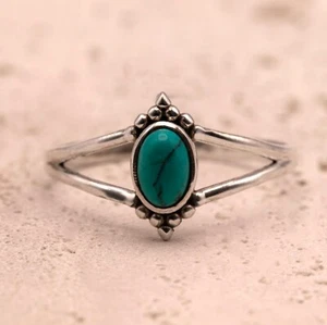 925 Sterling Silver Ladies Minimalist Ring Oval Turquoise Gemstone Jewellery - Picture 1 of 6