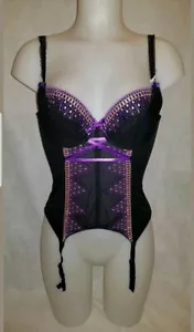 BNWT Black purple POUR MOI underwired Boned Corset Basque Suspenders Size 32DD - Picture 1 of 4