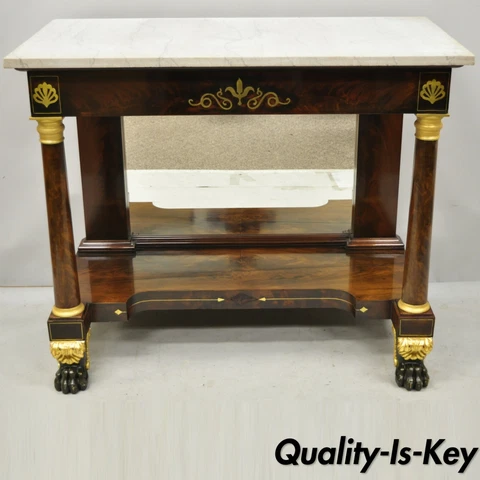 19th Century French Empire Marble Top Bronze Ormolu Paw Feet Console Hall Table Cover