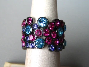 PEWTER TONE & PINK, BLUE, & PURPLE RHINESTONE RING - Size 5 3/4 - Picture 1 of 6