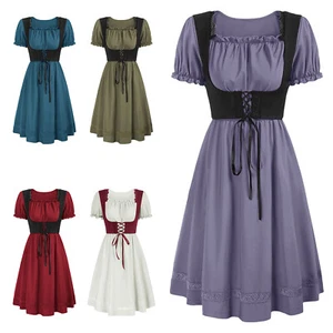 Womens Dancewear Lace-up Dresses Square Neck Dress Short Sleeve Medieval Set - Picture 1 of 35