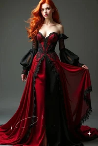 Abito da sposa gotico nero e rosso vintage maniche lunghe pizzo applicazioni medievale - Foto 1 di 6