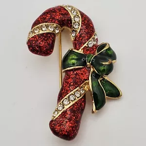 OTC Christmas Candy Cane Brooch Pin Sparkling Red Enamel + Rhinestones Gold Tone - Picture 1 of 5