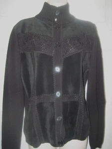 Maurice Sassoon Women's Small Black Suede Jacket Sweater Embroidery Knit Trim - Picture 1 of 18
