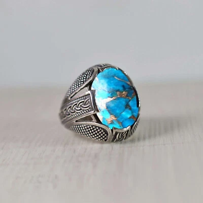 Solid 925 Sterling Silver Natural Blue Copper Turquoise Gemstone Men's Gift Ring - Image 1 of 4