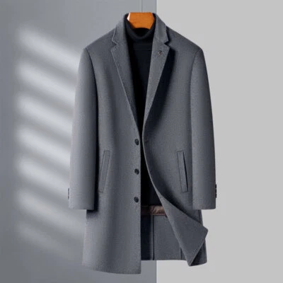 Мужская зимняя теплая двусторонняя 100% кашемир пальто средней длины модная куртка - Изображение 1 из 4