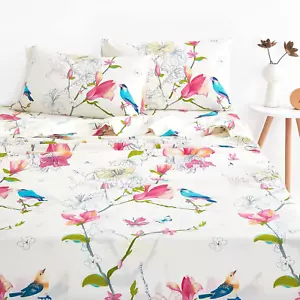 - Floral Bed Sheets, 100% Cotton, 4-Piece Sheet Set, Bird Patterned Printed Bota - Picture 1 of 7