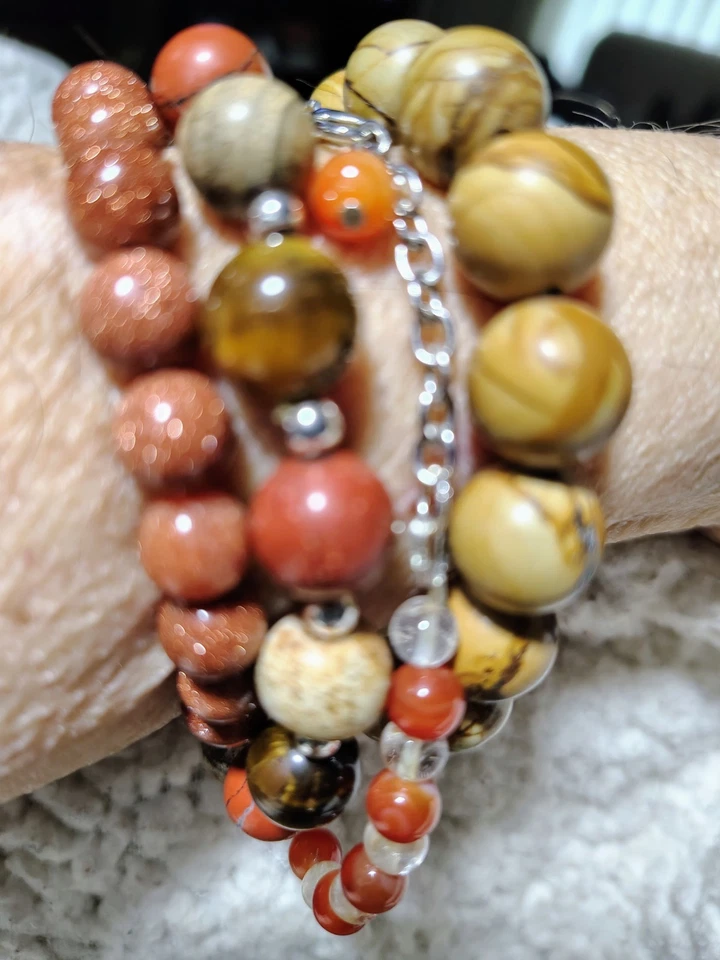 Gemstone Bracelet Set Tiger Eye Jasper Goldstone Carnelian Citrine Beaded Lot - Image 1 of 4