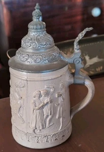 Antiker Bierstein aus Steinzeug & Zinn deutsches Relief geformt malerisch - Bild 1 von 12