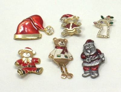 圣诞珠宝假日胸针 - 搪瓷、锡、水钻 - 批量 6 件 — 第 1/4 张图片