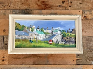 ORIGINAL JILL MICKLE FRAMED OIL PAINTING MOELFRE VILLAGE COAST ANGLESEY BUOY - Picture 1 of 11