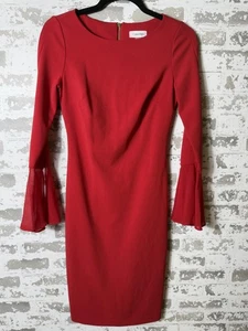 Calvin Klein Kleid Damen 2 rot Etuikleid Glockenärmel Chiffon Bündchen Stretch Cocktail - Bild 1 von 8