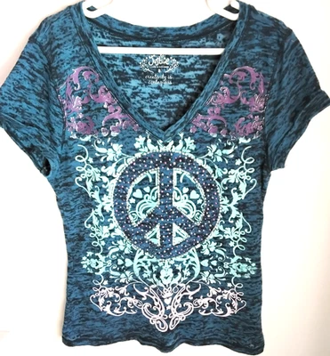 Justice девочек короткие рукава верхняя рубашка синий блестящий знак мира размер 8 - Изображение 1 из 4