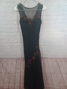 Escape Petite VTG Black Fairy Embroidery Dress W/ Silk Lining Mesh Trim 6P - Picture 1 of 18