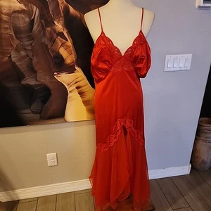 VTG 80's Sabrina by Mervyns Lingerie Nightgown RED Satin Sheer Lace LONG Sexy - Picture 1 of 9