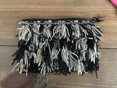 Anthropologie B & W Fringe Zip Clutch Leather & Seed Beads Satin Lining 6"x8" - Image 1 of 4