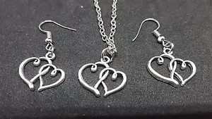 Double Heart Necklace & Earrings Set Silver 20" Chain Women's Fashion Gift - Picture 1 of 3