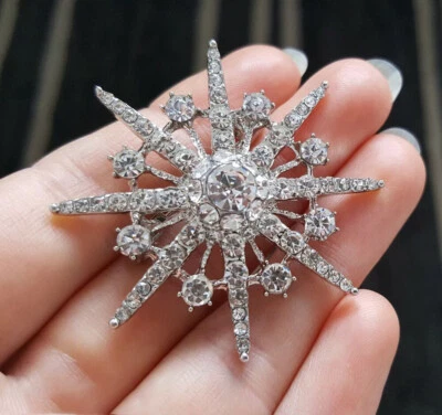 Vintage Art Deco Style Crystal Star Brooch Silver Starburst Celestial Pin Gift - image 1 of 4