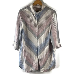 Chico's Womens Linen No Iron Shirt Top Size XL Mauve Blue Striped 3/4 Sleeve - Picture 1 of 9
