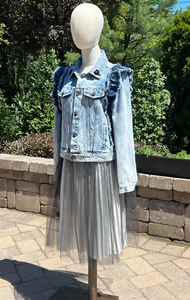 Elan Size M Boho Denim Jacket Distressed Ruffle Festival Western Embroidered - Picture 1 of 18