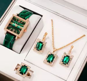 5 Pc Jewelry Set - Watch / Ring / Necklace / Earrings - Gold Tone W/Green Accent - Picture 1 of 1