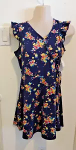 Pink Violet Girls Dress Size XL 14/16 Ruffle over Shoulders Navy Floral - Picture 1 of 6