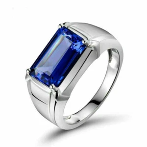Men's Engagement Ring 2Ct Emerald Lab-Created Sapphire 14K White Gold Plated - Picture 1 of 4