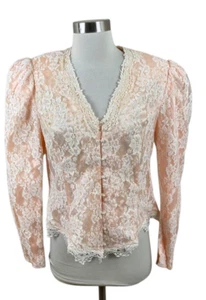 Vintage 80’s Jessica McClintock Pink Lace Pearl Buttons Victorian Blouse Size 14 - Picture 1 of 5