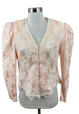 Blusa Victoriana Vintage Años 80 Jessica McClintock Rosa Encaje Perla Botones Talla 14 Foto 1 de 4