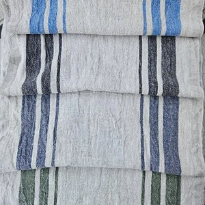 100% linen fabric 340gsm French grey blue stripes sack vintage pattern - Picture 1 of 14