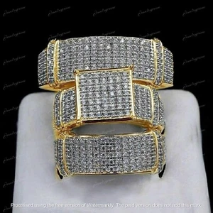 His Hers Men & Womens Diamond Rings Set Created Bridal 14K Yellow Gold Fn Trio - Picture 1 of 6
