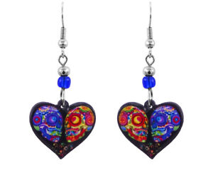 Day of the Dead Sugar Skull Heart Graphic Earrings Multicolored Boho Art Jewelry