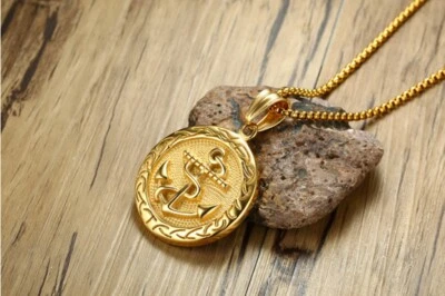 Men Titanium Stainless Steel 41 mm Gold Round Anchor Hexagon Star Necklace 23.5" - Image 1 of 4