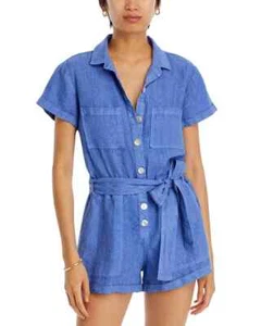 Bella Dahl Rolled Hem Linen Utility Romper Women's L Blue Belted Button Front - Picture 1 of 18